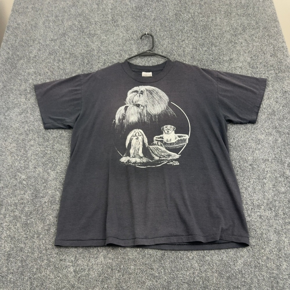 Vintage Shih Tzu Oneita T Shirt Men XL Black Cotton Dog Graphic 90s USA Made